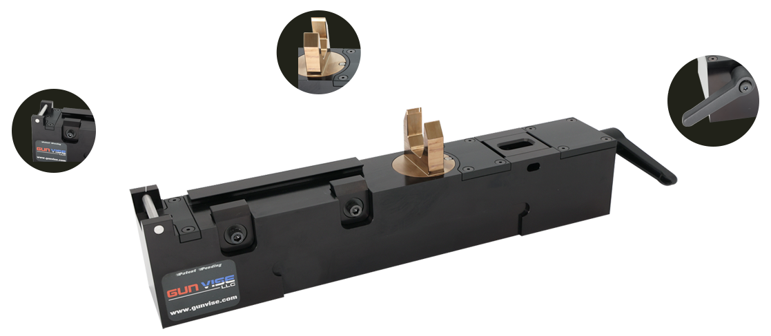 Secure-50 vise block holding a Barrett M82A1/M107A1 upper receiver, with detail views
